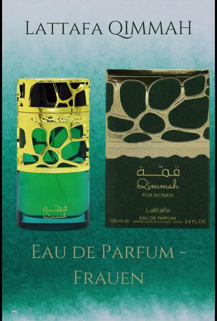Lattafa Qimmah for Women: Sweet oriental gourmand with fruits, florals, vanilla, musk, and amber. Warm, feminine, long-lasting. Perfect for evenings. 100ml green bottle with ornate gold cap.