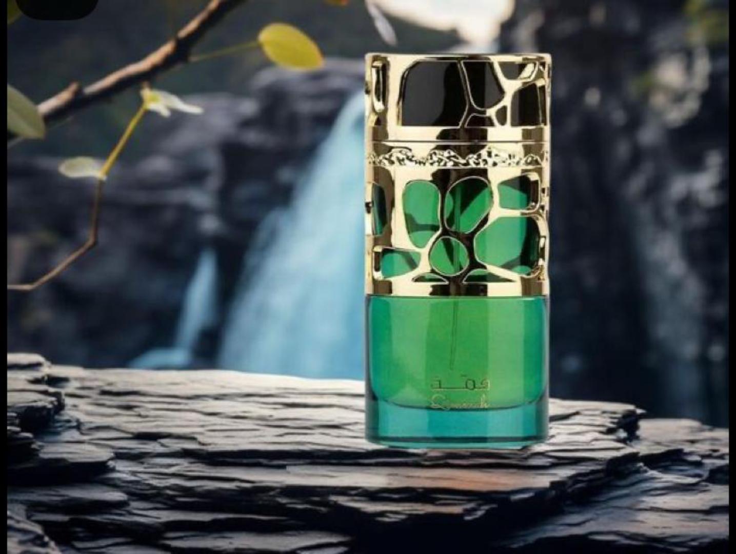 Lattafa Qimmah for Women: Sweet oriental gourmand with fruits, florals, vanilla, musk, and amber. Warm, feminine, long-lasting. Perfect for evenings. 100ml green bottle with ornate gold cap.