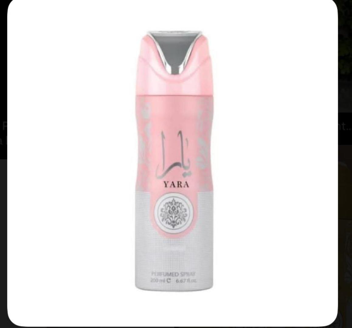 Lattafa Yara 200ml: Two-tone pink and off-white can with silver Arabic calligraphy, "YARA" and floral medallion. Sweet gourmand scent of mango, coconut, jasmine, vanilla, musk. Light, creamy, perfect
