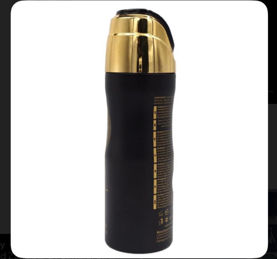 Lattafa Asad 200ml: Matte black can with gold lion medallion, gold cap. Warm spicy-sweet scent of black pepper, pineapple, tobacco, coffee, patchouli, amber, vanilla. Bold, long-lasting, strong projec