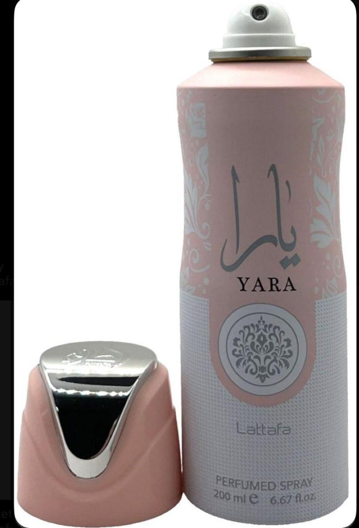 Lattafa Yara 200ml: Two-tone pink and off-white can with silver Arabic calligraphy, "YARA" and floral medallion. Sweet gourmand scent of mango, coconut, jasmine, vanilla, musk. Light, creamy, perfect