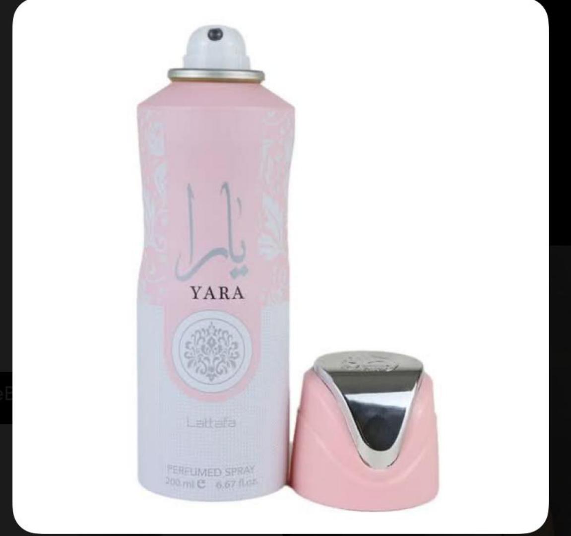 Lattafa Yara 200ml: Two-tone pink and off-white can with silver Arabic calligraphy, "YARA" and floral medallion. Sweet gourmand scent of mango, coconut, jasmine, vanilla, musk. Light, creamy, perfect