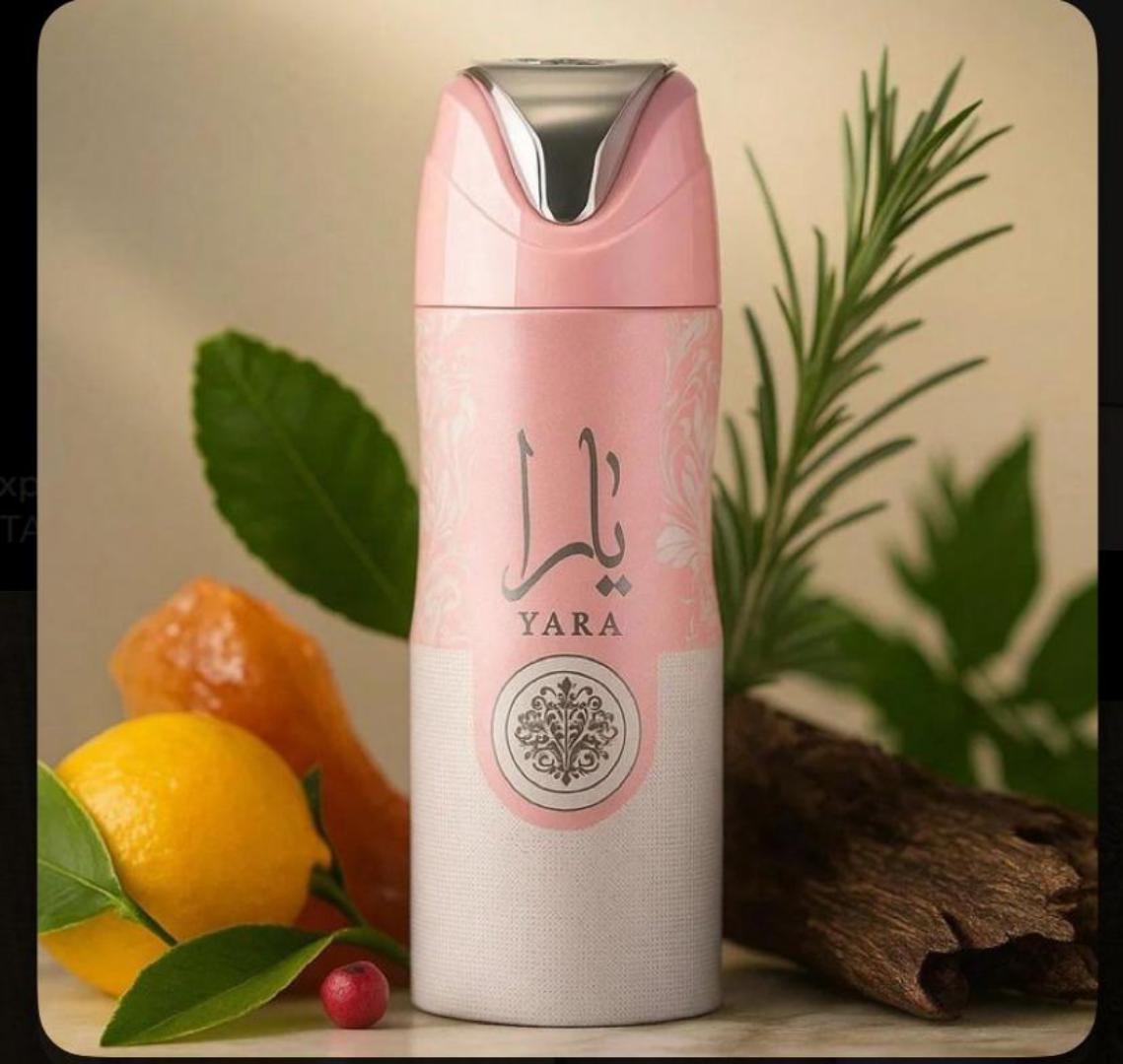 Lattafa Yara 200ml: Two-tone pink and off-white can with silver Arabic calligraphy, "YARA" and floral medallion. Sweet gourmand scent of mango, coconut, jasmine, vanilla, musk. Light, creamy, perfect