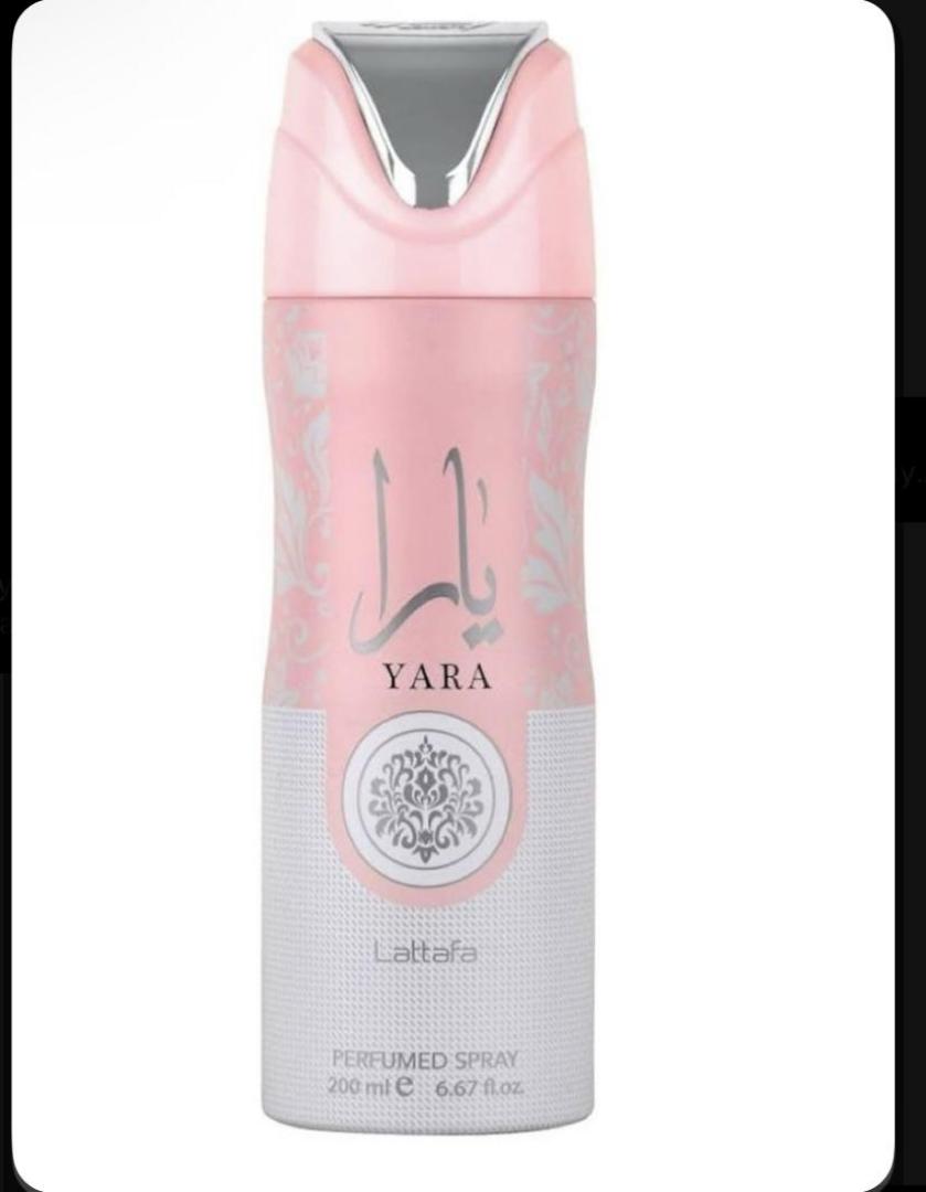 Lattafa Yara 200ml: Two-tone pink and off-white can with silver Arabic calligraphy, "YARA" and floral medallion. Sweet gourmand scent of mango, coconut, jasmine, vanilla, musk. Light, creamy, perfect