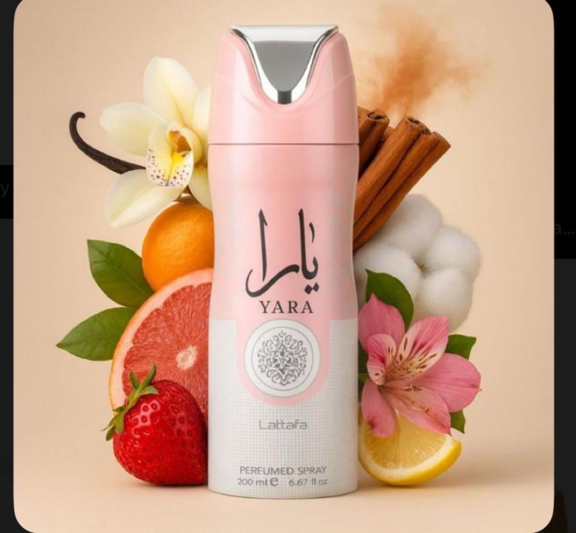 Lattafa Yara 200ml: Two-tone pink and off-white can with silver Arabic calligraphy, "YARA" and floral medallion. Sweet gourmand scent of mango, coconut, jasmine, vanilla, musk. Light, creamy, perfect
