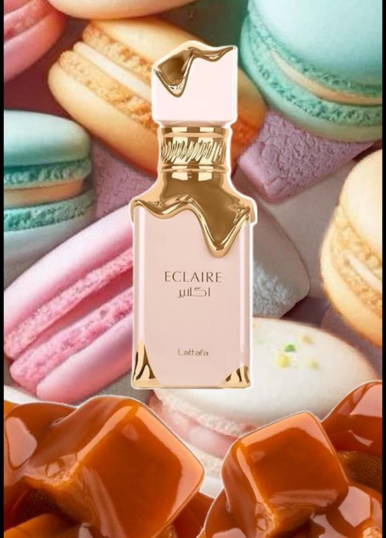 50 Ml Lattafa Eclaire Pink bottle with gold drip. Creamy gourmand scent of caramel, milk, honey, vanilla. Sweet, cozy, dessert-like.