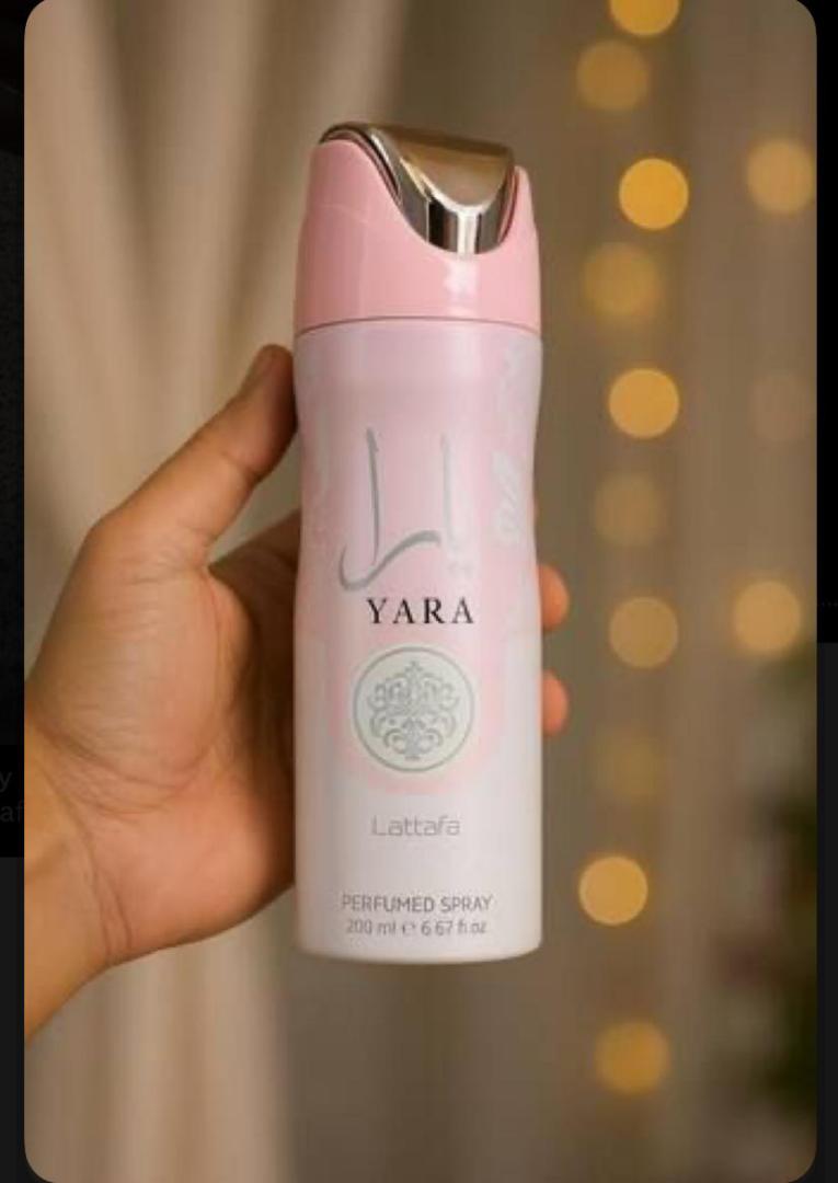 Lattafa Yara 200ml: Two-tone pink and off-white can with silver Arabic calligraphy, "YARA" and floral medallion. Sweet gourmand scent of mango, coconut, jasmine, vanilla, musk. Light, creamy, perfect