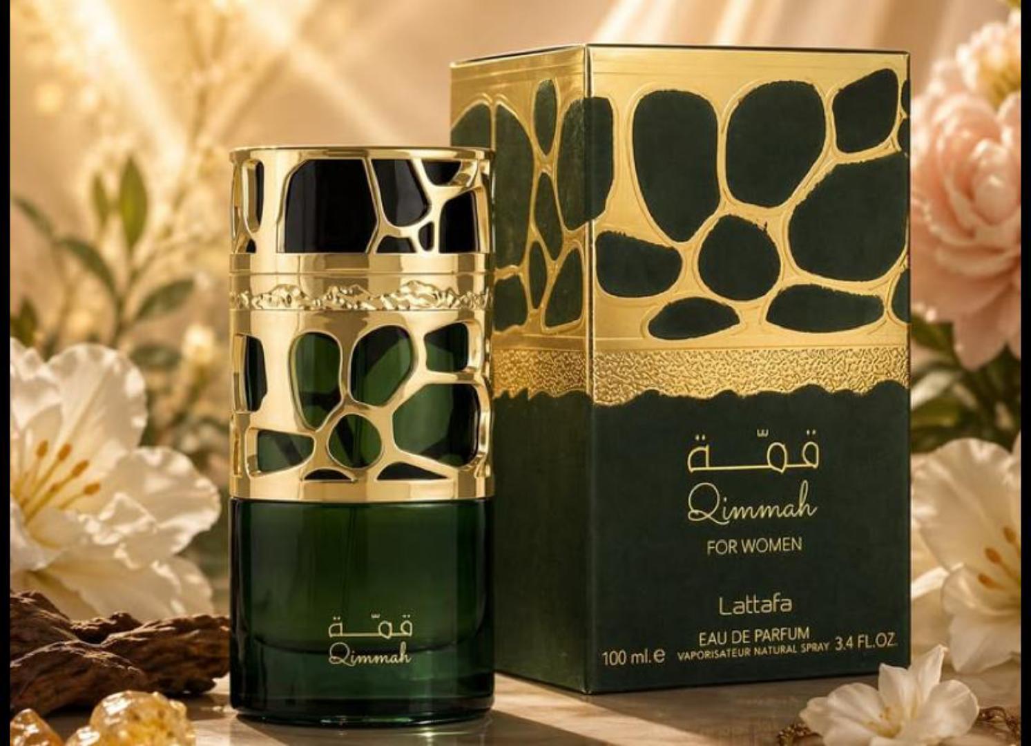 Lattafa Qimmah for Women: Sweet oriental gourmand with fruits, florals, vanilla, musk, and amber. Warm, feminine, long-lasting. Perfect for evenings. 100ml green bottle with ornate gold cap.