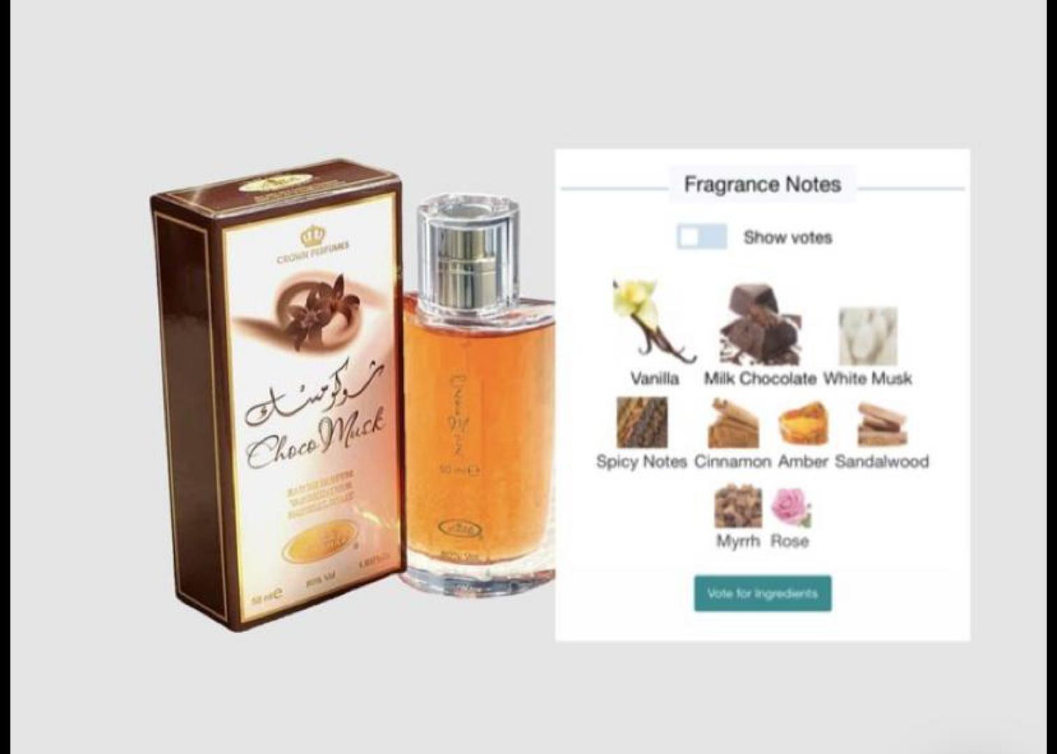 Choco Musk by Al-Rehab is a 50ml Eau de Parfum with a warm, sweet chocolate gourmand scent. The amber liquid in a clear glass bottle offers a cozy, indulgent aroma blending chocolate, vanilla, musk.