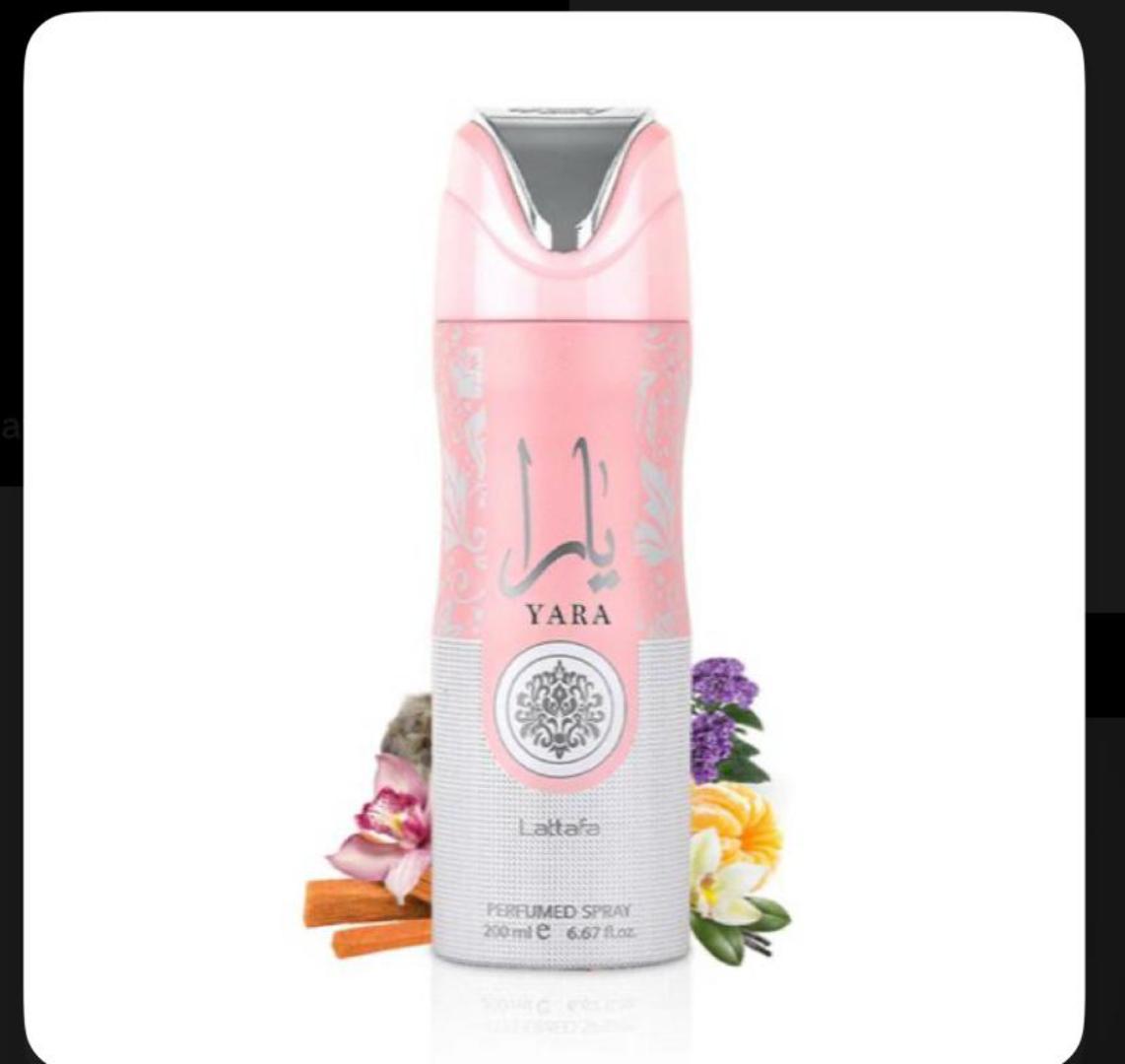 Lattafa Yara 200ml: Two-tone pink and off-white can with silver Arabic calligraphy, "YARA" and floral medallion. Sweet gourmand scent of mango, coconut, jasmine, vanilla, musk. Light, creamy, perfect