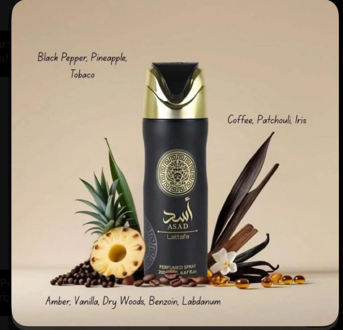 Lattafa Asad 200ml: Matte black can with gold lion medallion, gold cap. Warm spicy-sweet scent of black pepper, pineapple, tobacco, coffee, patchouli, amber, vanilla. Bold, long-lasting, strong projec
