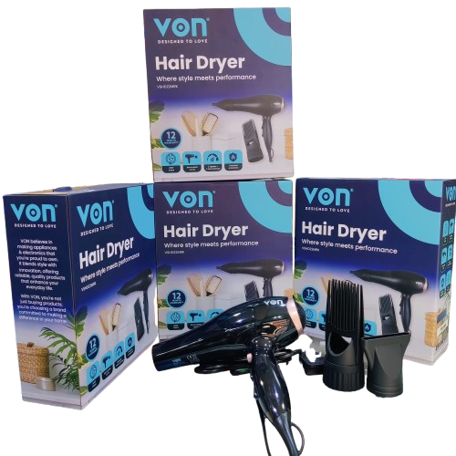 Von Professional Hair Dryer 2200W with Concentrator & Comb Attachments, Multiple Heat & Speed Settings, Cool Shot Function, Fast Drying, Overheat Protection, Salon Quality Blow Dryer for Home Use