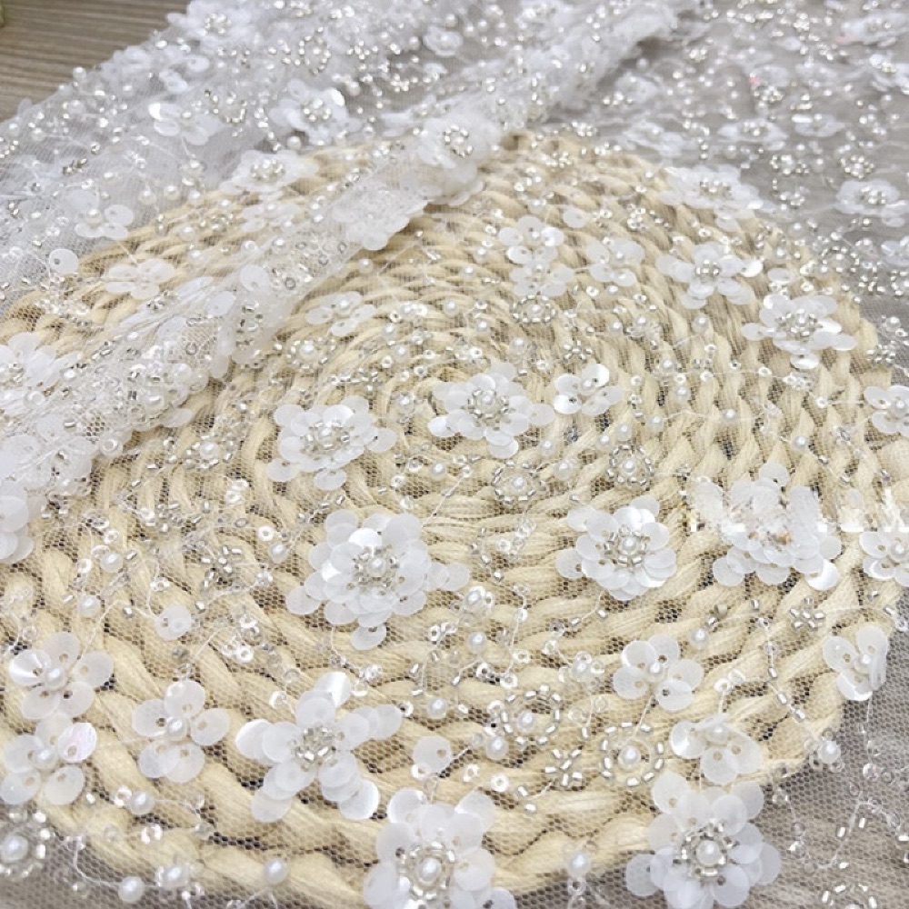 3D Beaded Floral Lace Fabric - Premium Heavy Embroidered Tulle for Wedding Dress, Party Gown, DIY Craft