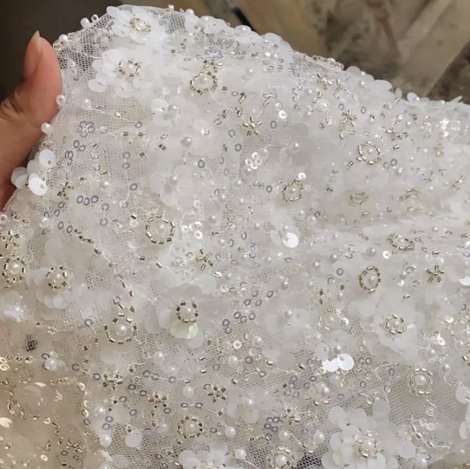 3D Beaded Floral Lace Fabric - Premium Heavy Embroidered Tulle for Wedding Dress, Party Gown, DIY Craft