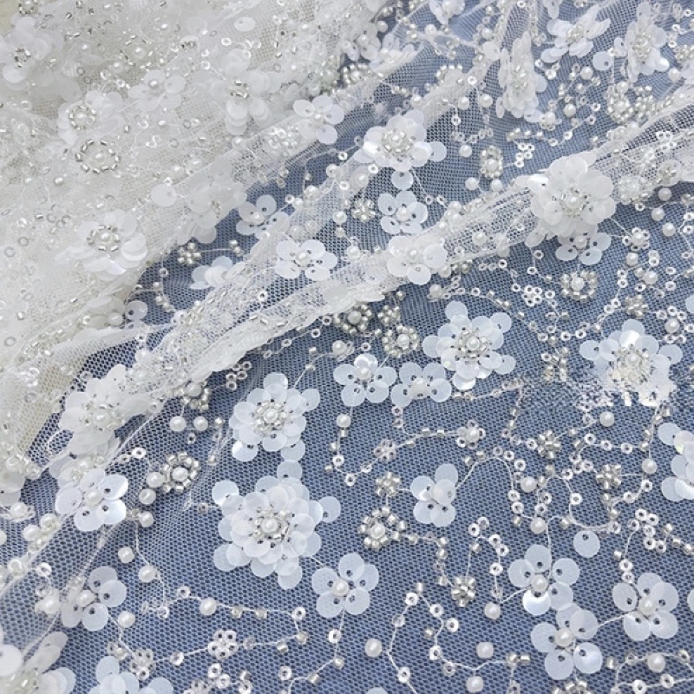 3D Beaded Floral Lace Fabric - Premium Heavy Embroidered Tulle for Wedding Dress, Party Gown, DIY Craft