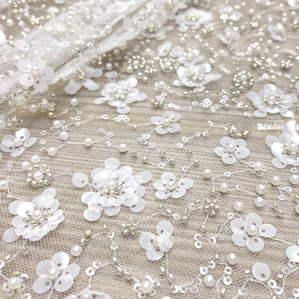 3D Beaded Floral Lace Fabric - Premium Heavy Embroidered Tulle for Wedding Dress, Party Gown, DIY Craft
