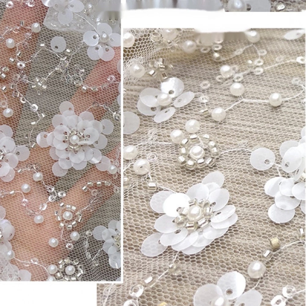 3D Beaded Floral Lace Fabric - Premium Heavy Embroidered Tulle for Wedding Dress, Party Gown, DIY Craft