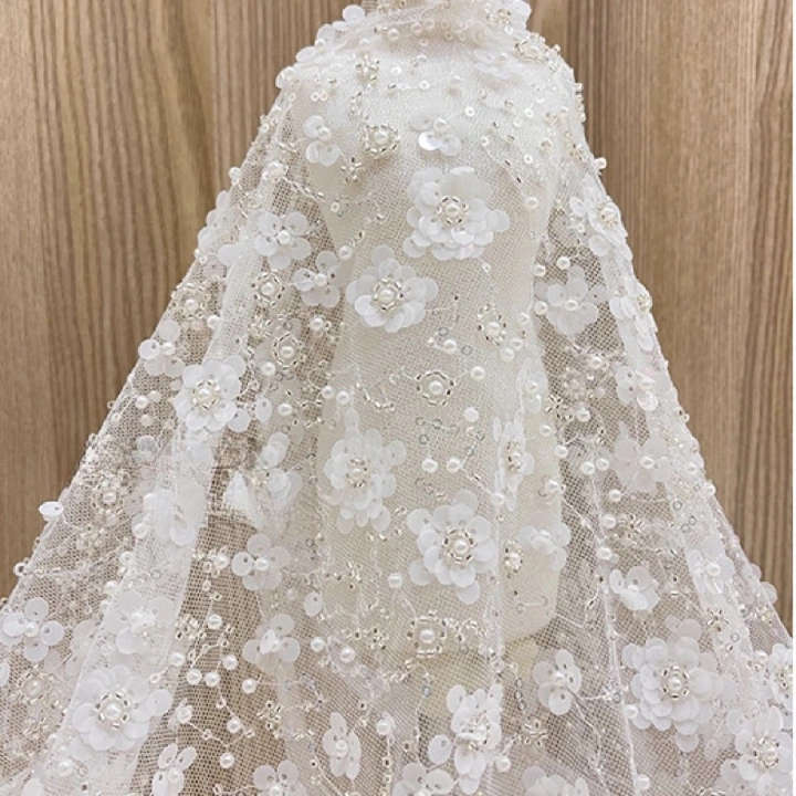 3D Beaded Floral Lace Fabric - Premium Heavy Embroidered Tulle for Wedding Dress, Party Gown, DIY Craft