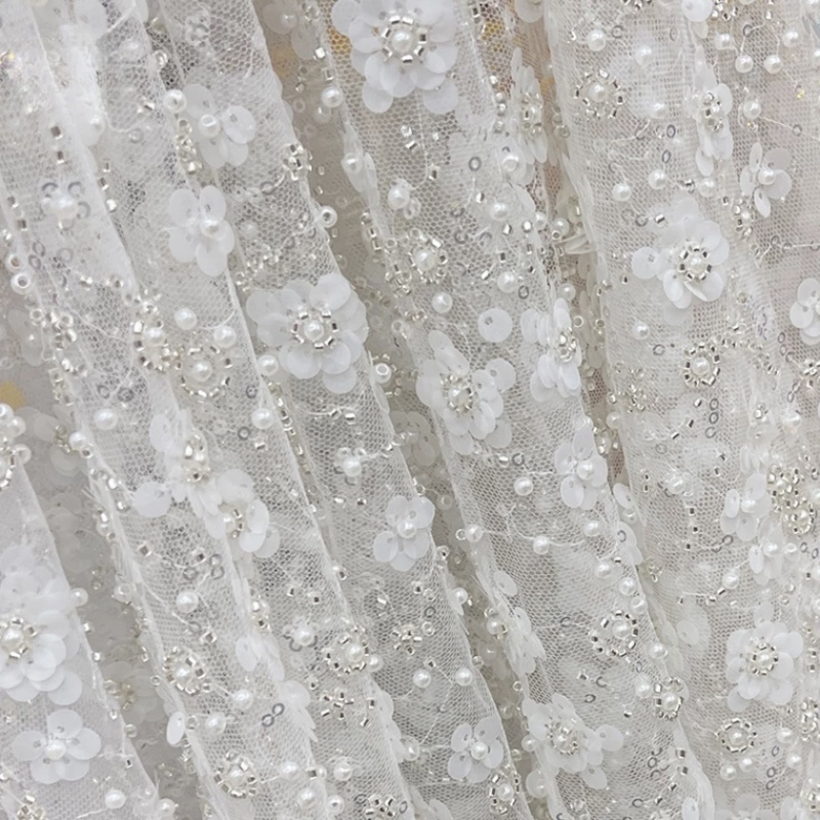3D Beaded Floral Lace Fabric - Premium Heavy Embroidered Tulle for Wedding Dress, Party Gown, DIY Craft