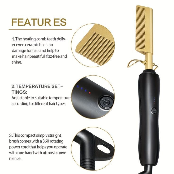 2 in 1 Golden Electric Hot Comb Hair Straightener – Professional Ceramic Heat Press Comb Fast Heating Hair Straightening Brush for Natural, Wig, Beard & Styling Hair Tool