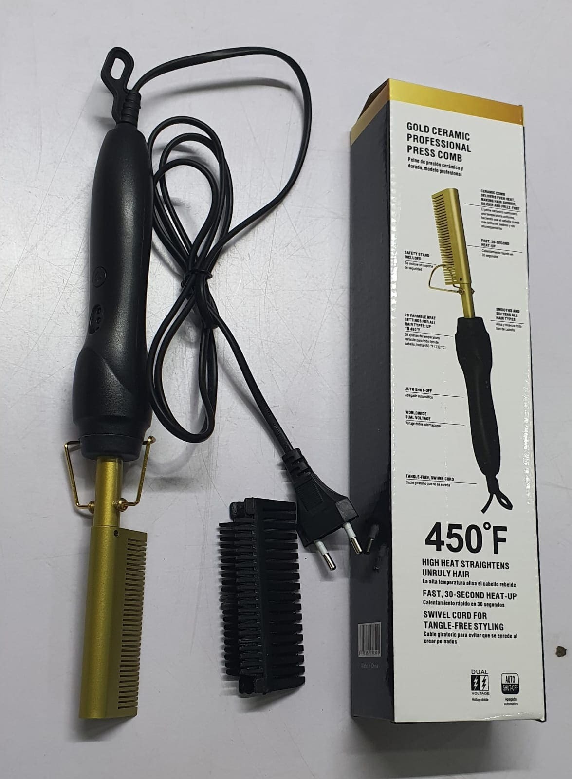 2 in 1 Golden Electric Hot Comb Hair Straightener – Professional Ceramic Heat Press Comb Fast Heating Hair Straightening Brush for Natural, Wig, Beard & Styling Hair Tool