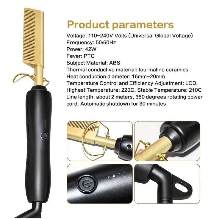 2 in 1 Golden Electric Hot Comb Hair Straightener – Professional Ceramic Heat Press Comb Fast Heating Hair Straightening Brush for Natural, Wig, Beard & Styling Hair Tool