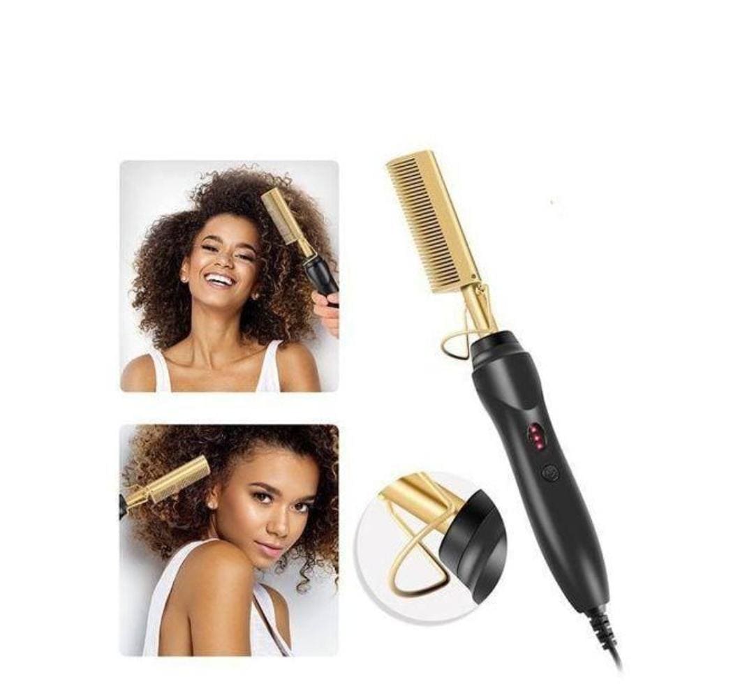 2 in 1 Golden Electric Hot Comb Hair Straightener – Professional Ceramic Heat Press Comb Fast Heating Hair Straightening Brush for Natural, Wig, Beard & Styling Hair Tool