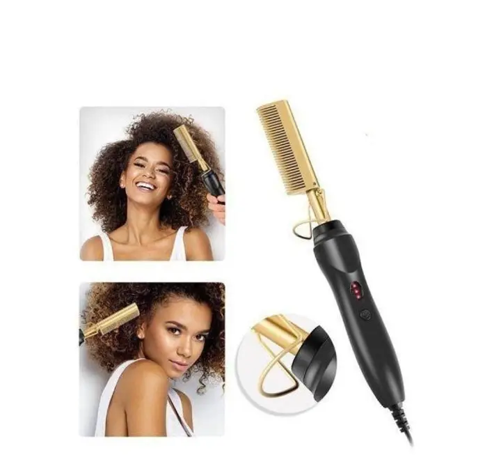 Professional 2 in 1 Golden Ceramic Electric Hot Comb Hair Straightener – Fast Heating Hair Press Comb for Natural Hair, Wigs, Beard & Salon Styling