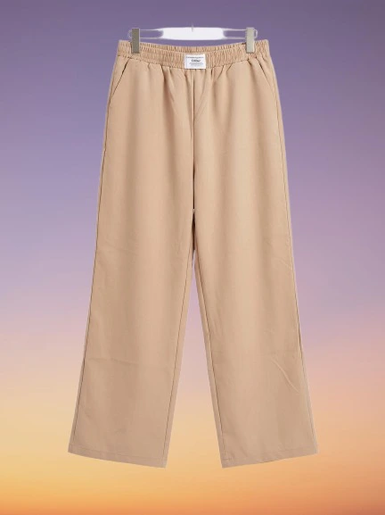 Women High Waist Elastic Waist Wide Leg Trousers – Casual Loose Fit Comfortable Long Pants (Khaki)