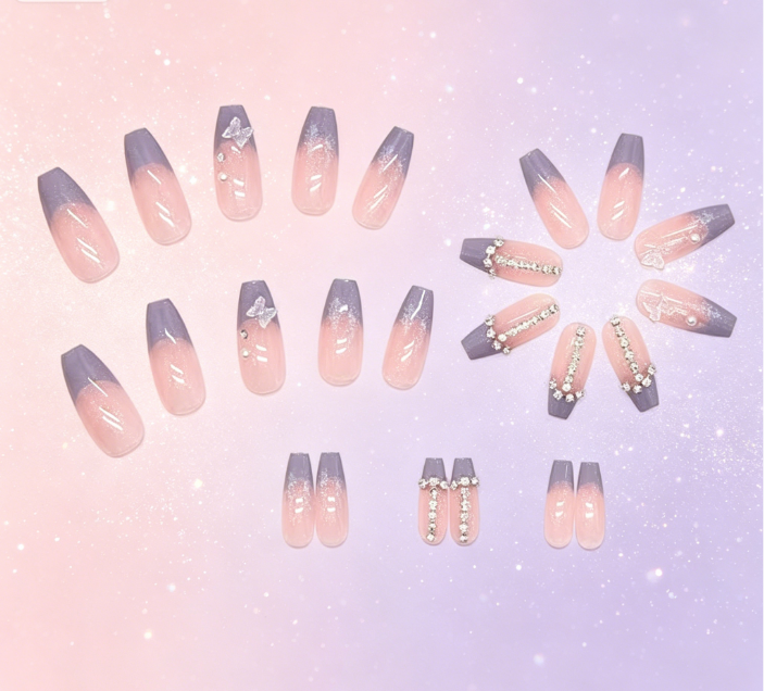 24Pcs French Floral Long Square Press On Nails With Rhinestones & Butterflies Reusable Glossy Acrylic Full Cover False Nails For Women(Containing gelatin)