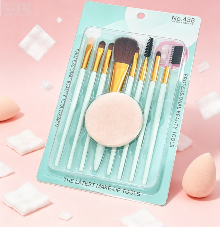 8-piece makeup brush set, beginner's all-in-one tool set including makeup sponge, featuring eyeshadow brush, blush brush, foundation brush, eyeliner brush and contour brush, suitable for daily makeup