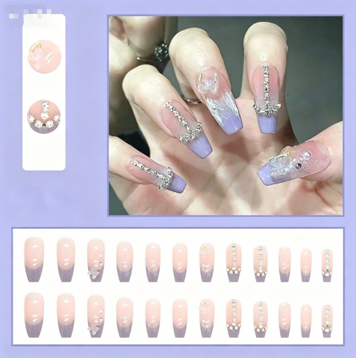 24Pcs French Floral Long Square Press On Nails With Rhinestones & Butterflies Reusable Glossy Acrylic Full Cover False Nails For Women(Containing gelatin)