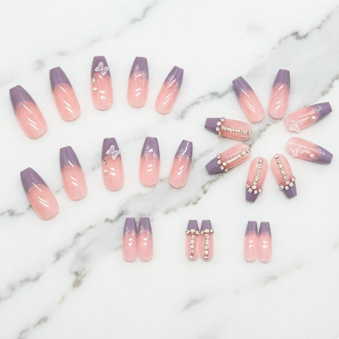 24Pcs French Floral Long Square Press On Nails With Rhinestones & Butterflies Reusable Glossy Acrylic Full Cover False Nails For Women(Containing gelatin)