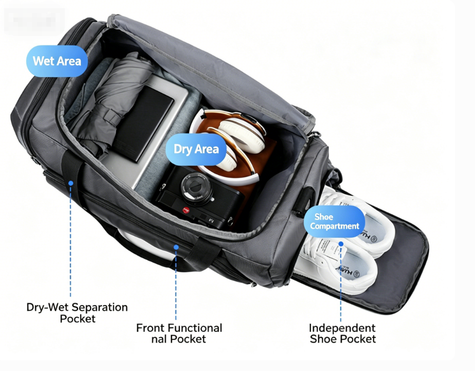 Unisex Large Sports Gym Bag Travel Duffel Bag Wet Dry Separation Luggage Weekend Overnight Bag Black