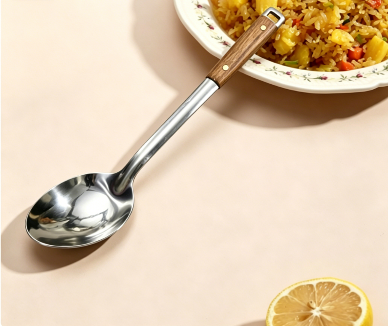 Luxury Golden Titanium Plated Soup Ladle Set Long Wooden Handle Large Gold Serving Spoons Durable Dishwasher Safe Kitchen Utensils
