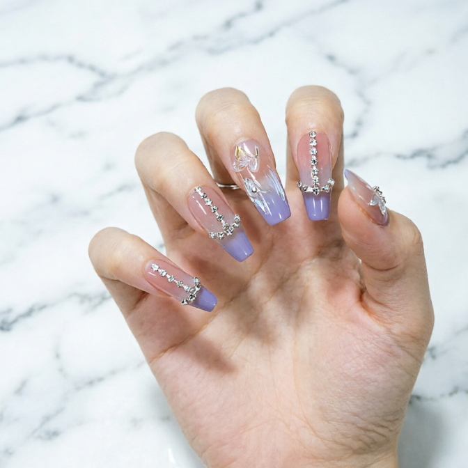 24Pcs French Floral Long Square Press On Nails With Rhinestones & Butterflies Reusable Glossy Acrylic Full Cover False Nails For Women(Containing gelatin)