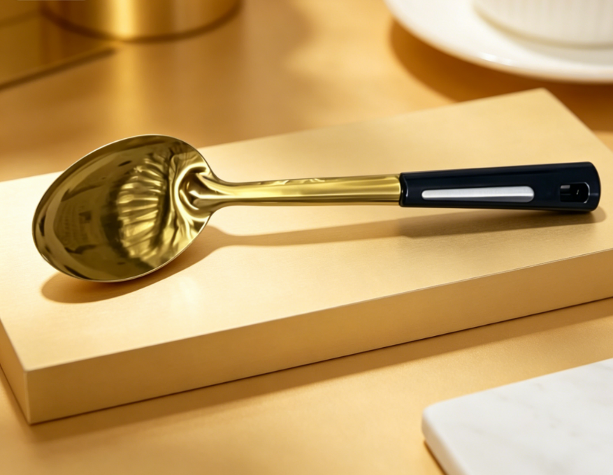 Luxury Golden Titanium Plated Soup Ladle Set Long Wooden Handle Large Gold Serving Spoons Durable Dishwasher Safe Kitchen Utensils