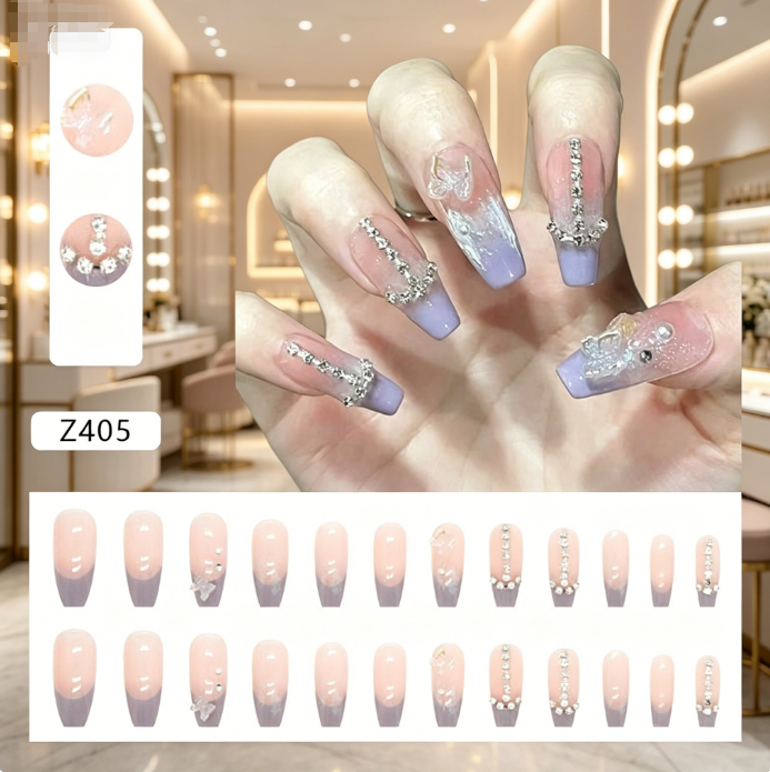 24Pcs French Floral Long Square Press On Nails With Rhinestones & Butterflies Reusable Glossy Acrylic Full Cover False Nails For Women(Containing gelatin)