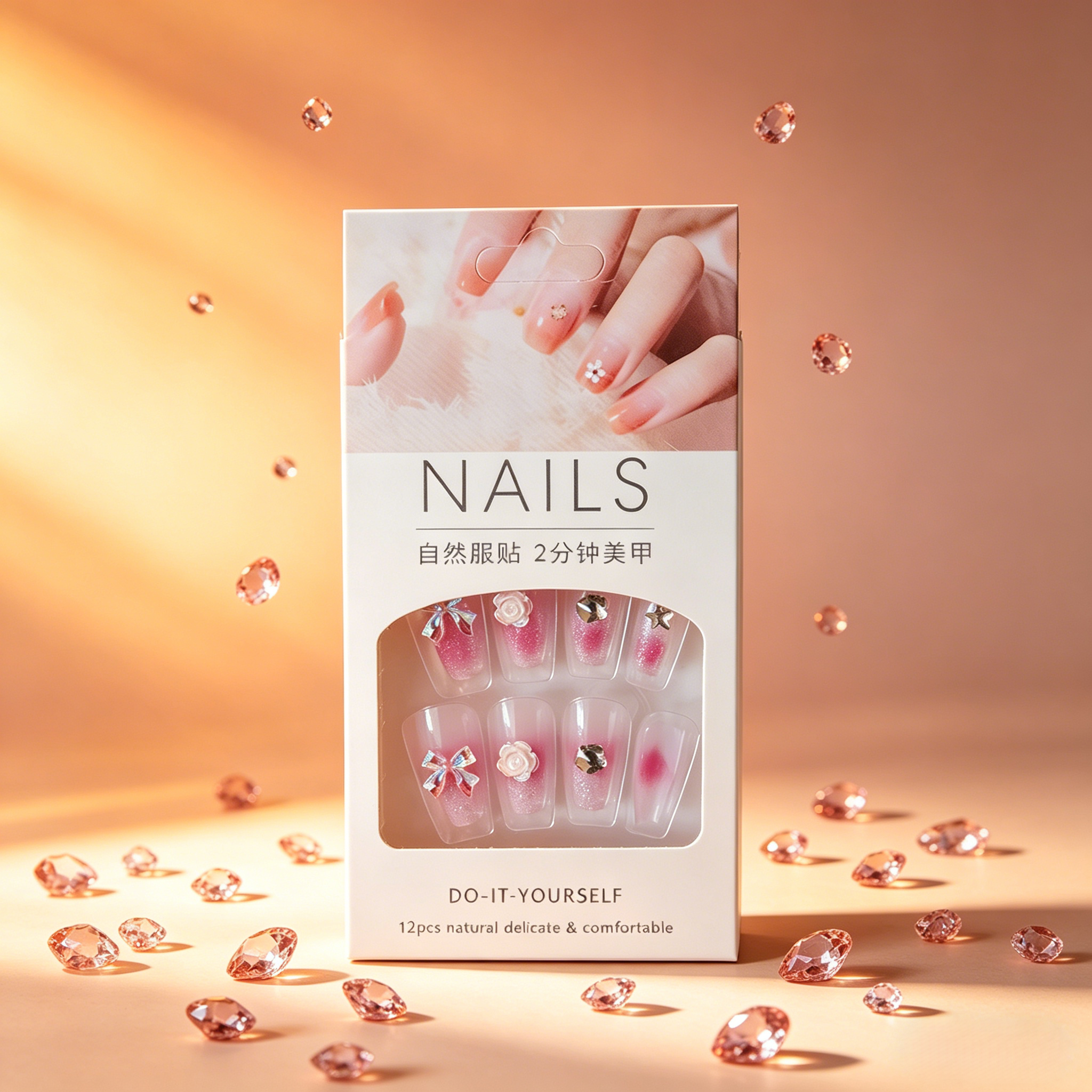 French false nails (with free gel adhesive) - realistic nail tips, reusable adhesive nails, natural nude pressed nails, coffin-shaped false nails, simple glue-pasted nails, DIY nail care set