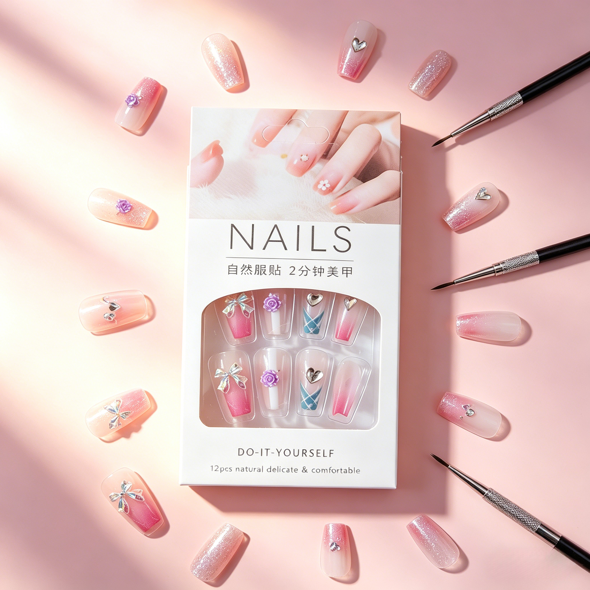 French false nails (with free gel adhesive) - realistic nail tips, reusable adhesive nails, natural nude pressed nails, coffin-shaped false nails, simple glue-pasted nails, DIY nail care set