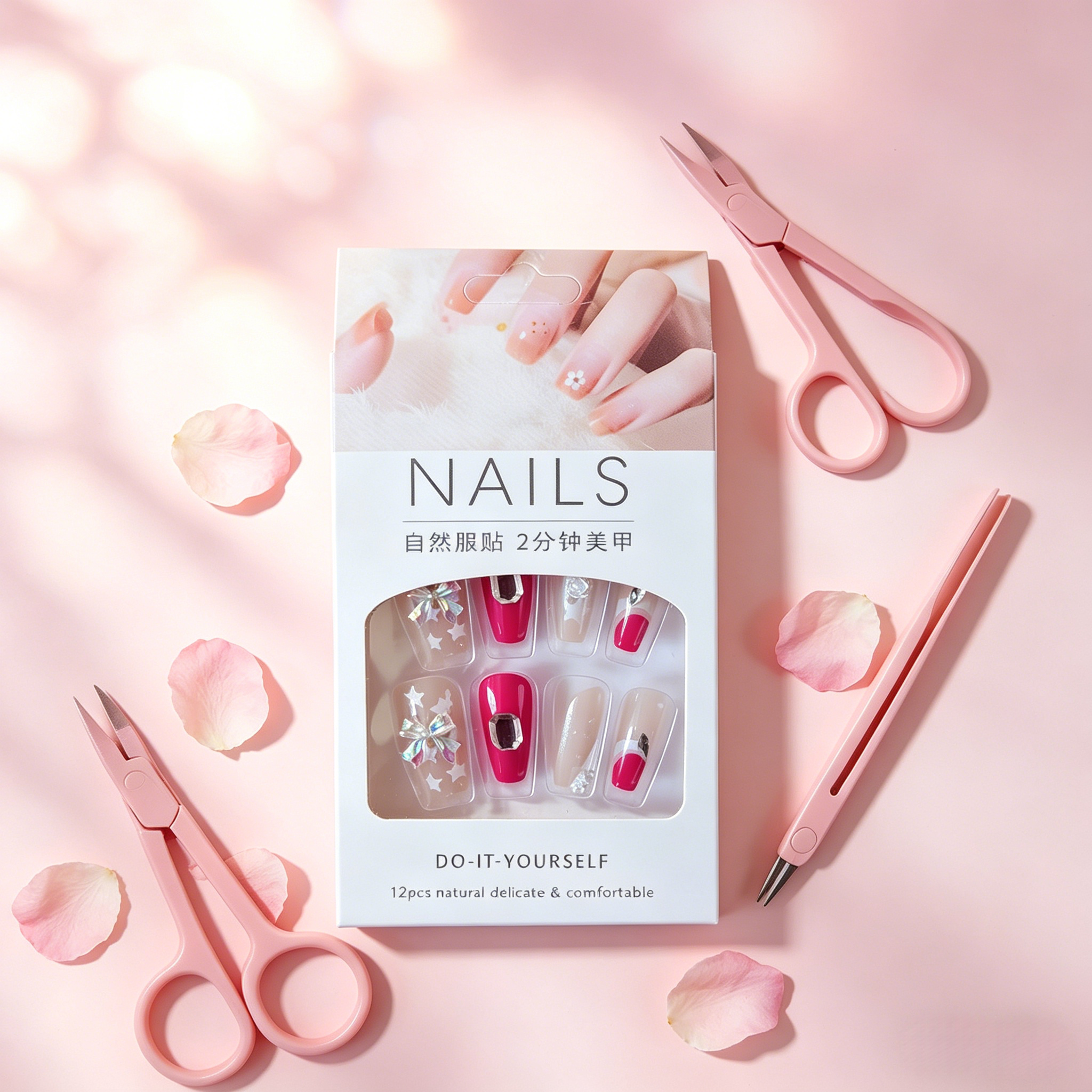 French false nails (with free gel adhesive) - realistic nail tips, reusable adhesive nails, natural nude pressed nails, coffin-shaped false nails, simple glue-pasted nails, DIY nail care set