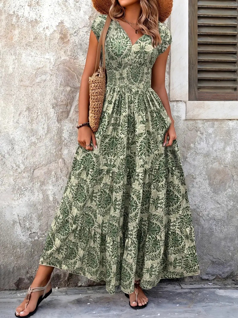 New summer women printed long dress v neck long sleeve loose swing elegant casual ladies evening party dress