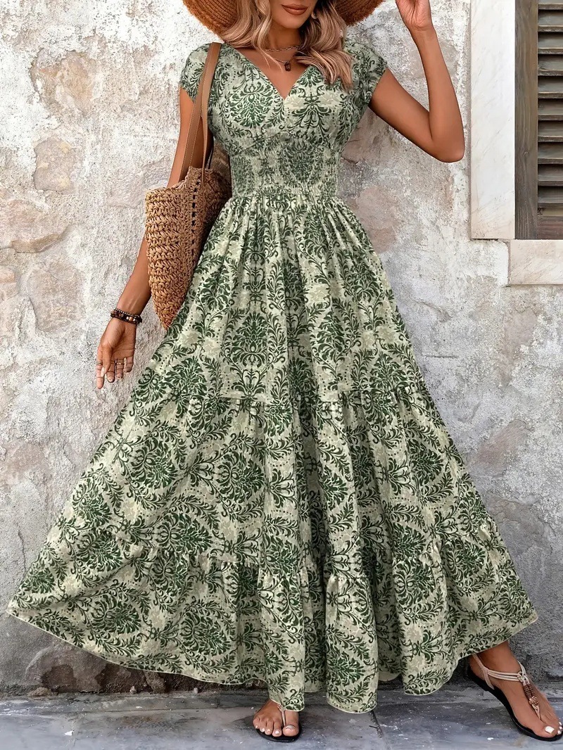 New summer women printed long dress v neck long sleeve loose swing elegant casual ladies evening party dress