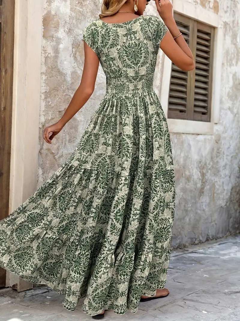 New summer women printed long dress v neck long sleeve loose swing elegant casual ladies evening party dress
