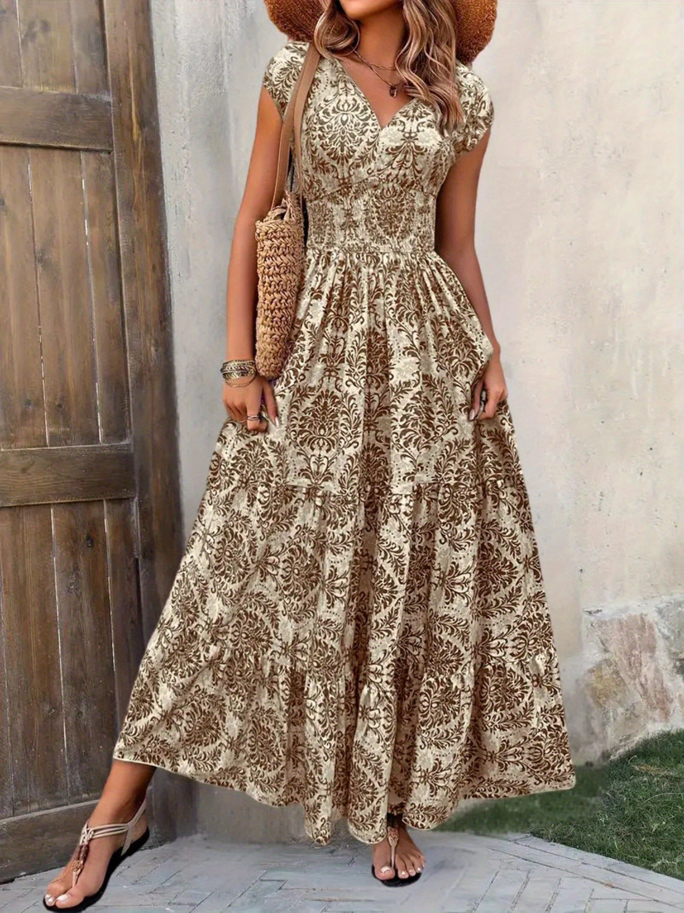 New summer women printed long dress v neck long sleeve loose swing elegant casual ladies evening party dress