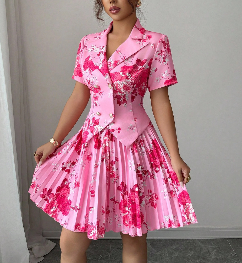 New Spring Autumn Women Fashion Two Piece Dress Set Elegant Floral Print Casual Top High Waist Midi Skirt Matching Outfit Lady Casual Party Daily Wear