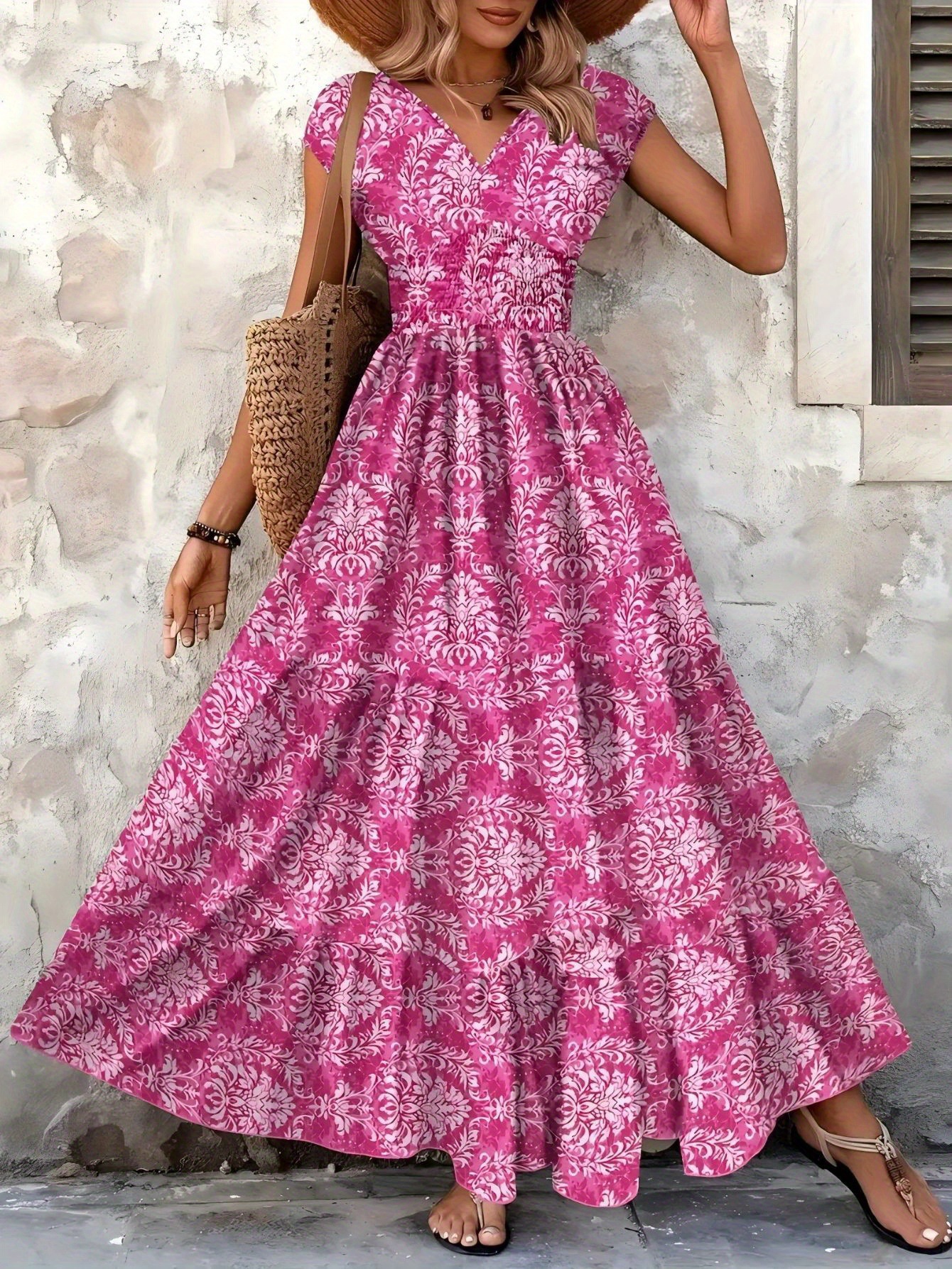 New summer women printed long dress v neck long sleeve loose swing elegant casual ladies evening party dress
