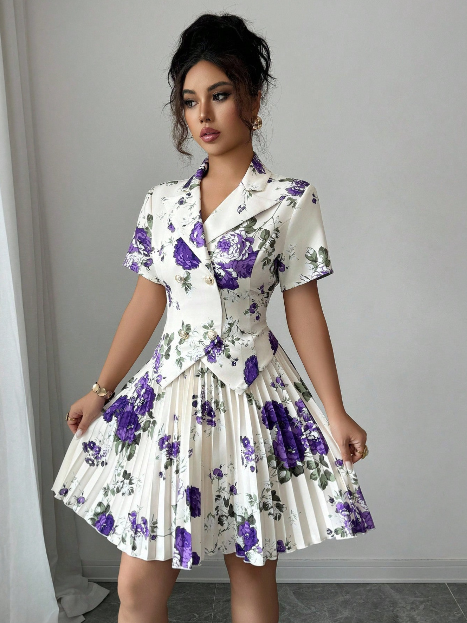 New Spring Autumn Women Fashion Two Piece Dress Set Elegant Floral Print Casual Top High Waist Midi Skirt Matching Outfit Lady Casual Party Daily Wear
