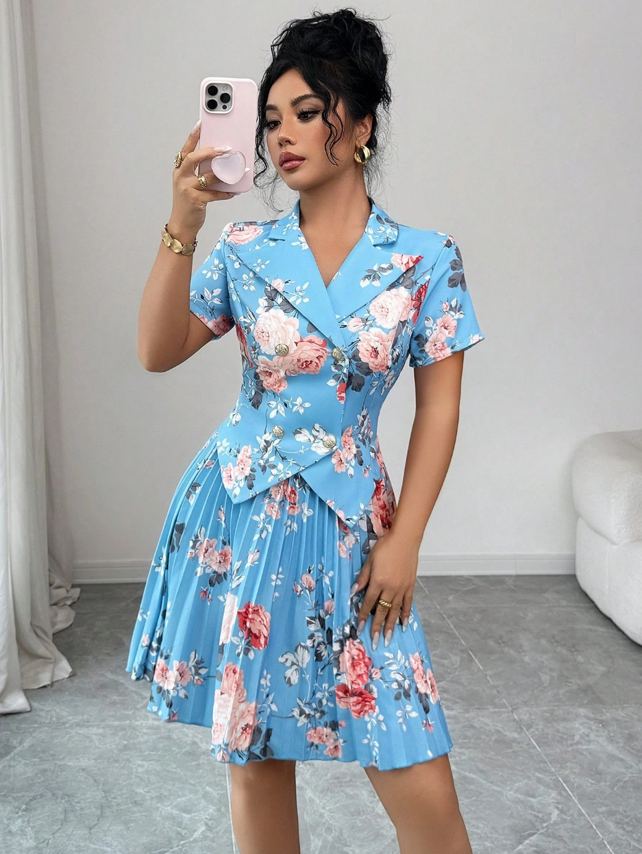 New Spring Autumn Women Fashion Two Piece Dress Set Elegant Floral Print Casual Top High Waist Midi Skirt Matching Outfit Lady Casual Party Daily Wear