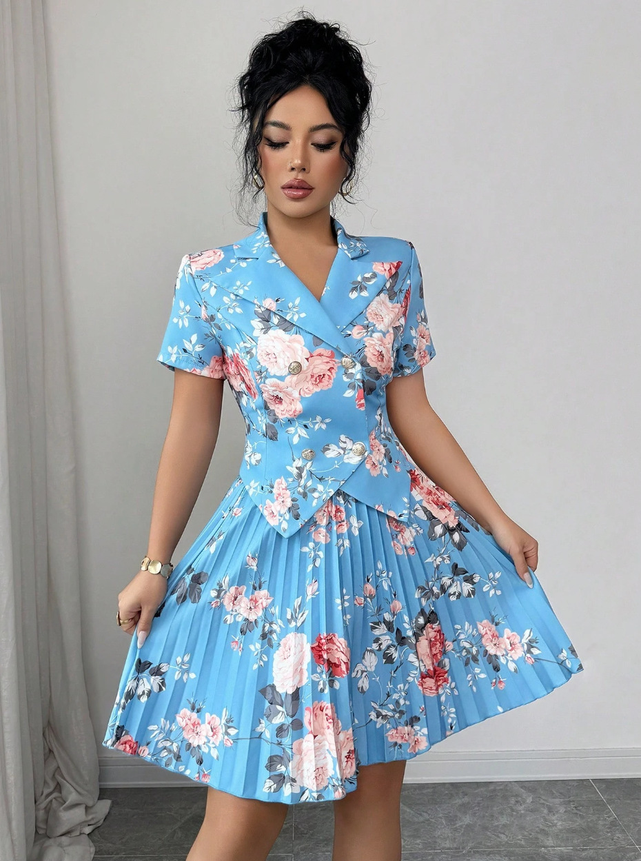 New Spring Autumn Women Fashion Two Piece Dress Set Elegant Floral Print Casual Top High Waist Midi Skirt Matching Outfit Lady Casual Party Daily Wear
